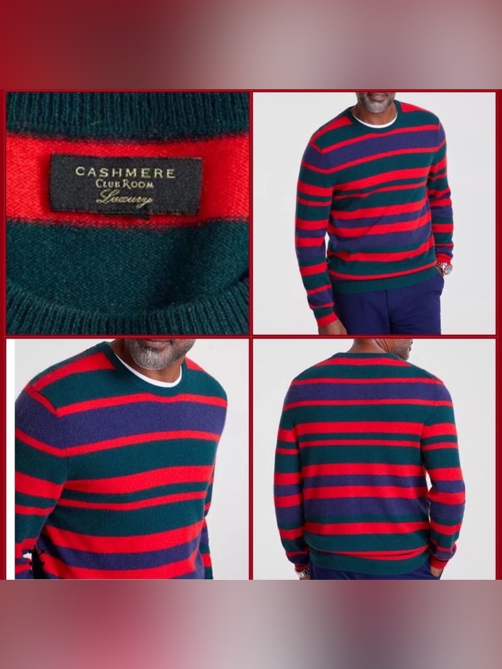 Club Room Luxury 100% Cashmere Striped Crewneck Sweater Men’s Size M NWT